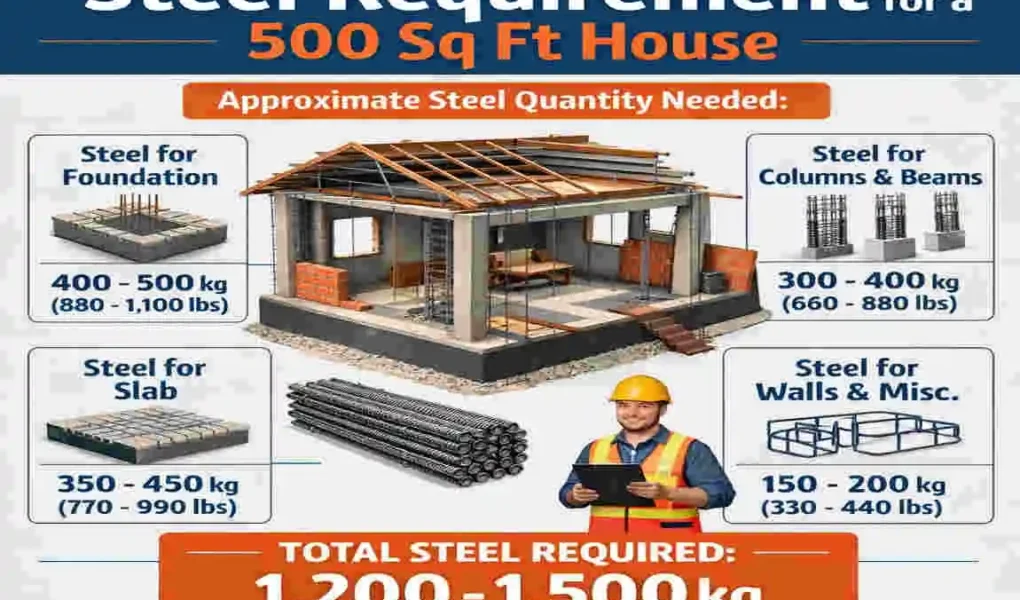 how much steel required for 500 sq ft house