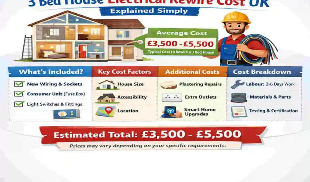 how much does it cost to rewire a 3 bed house uk
