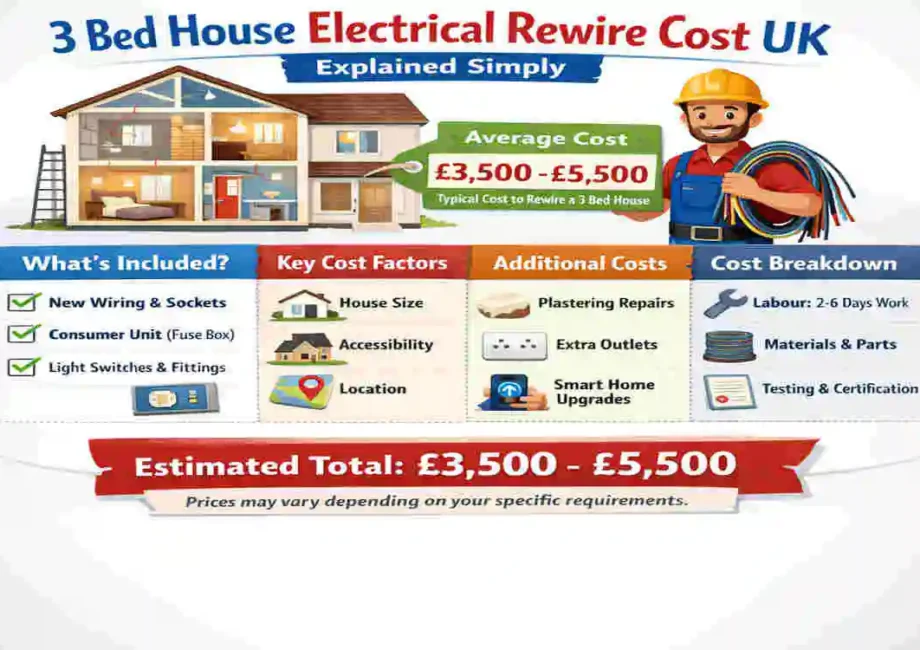 how much does it cost to rewire a 3 bed house uk